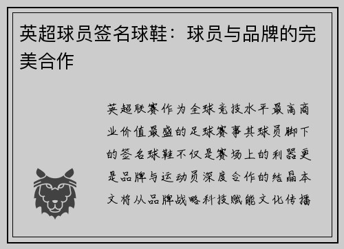英超球员签名球鞋：球员与品牌的完美合作