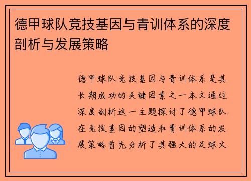德甲球队竞技基因与青训体系的深度剖析与发展策略